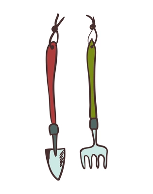 Hand drawn gardening tools with scoop and fork isolated vector illustration