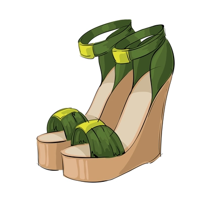 Hand drawn pair of elegant female green wedge shoes sketch vector illustration