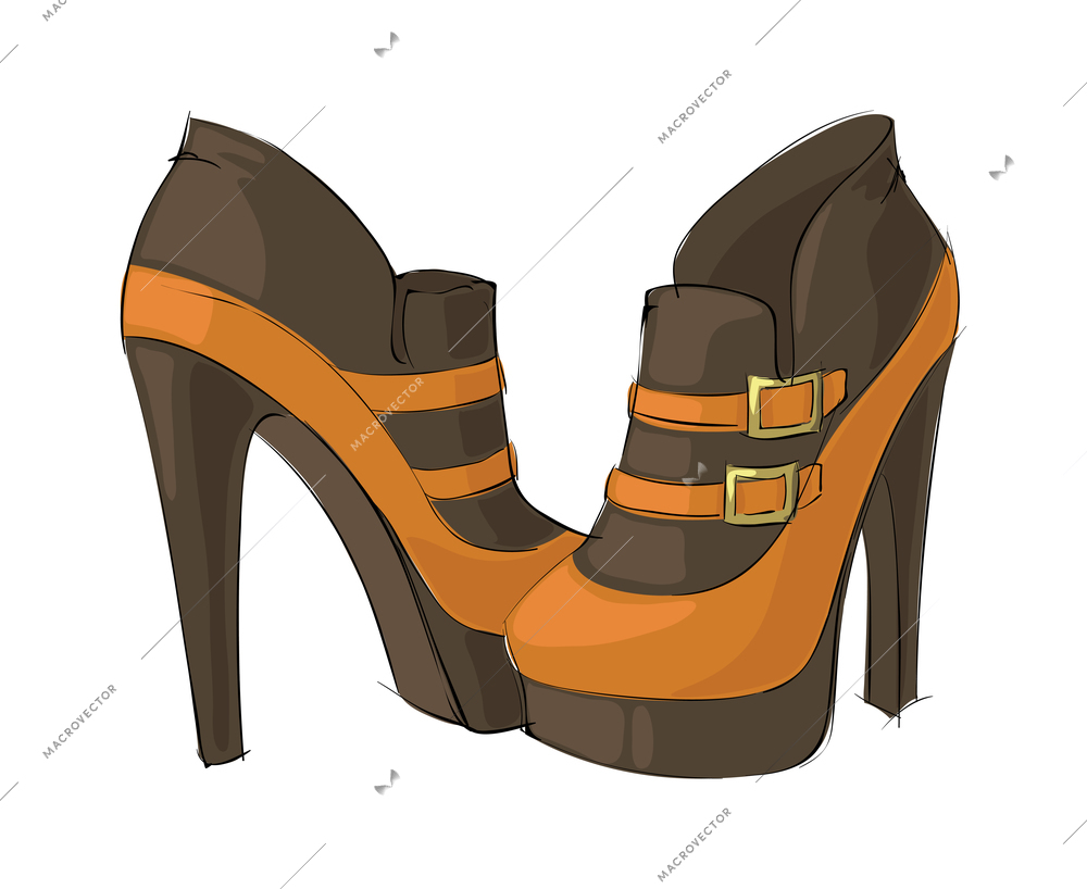 Fashionable heeled brown ankle boots in sketch style vector illustration