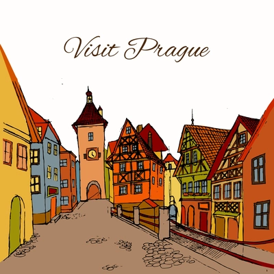 Old town Prague city retro buildings sketch travel postcard vector illustration