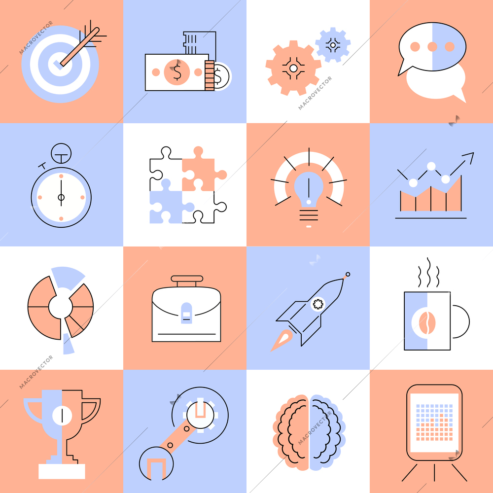 Creative process research brainstorming productivity flat line icons set isolated vector illustration