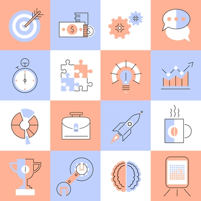 Creative process research brainstorming productivity flat line icons set isolated vector illustration