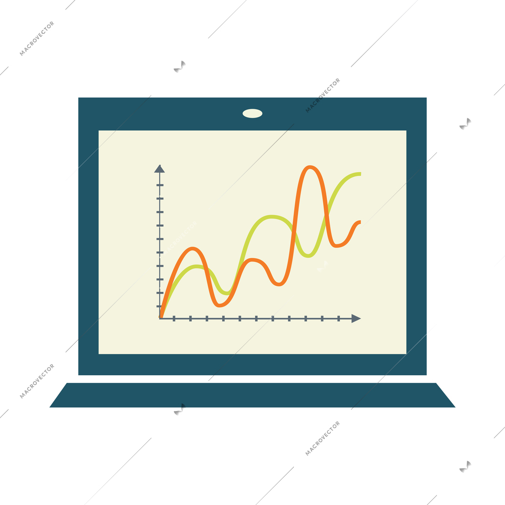 Business office flat icon with colored line chart on screen on laptop vector illustration