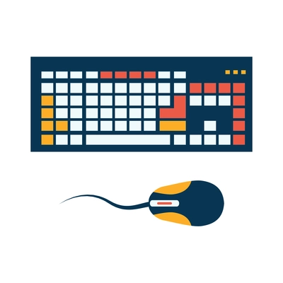 Computer keyboard with colorful buttons and wired mouse flat icon vector illustration