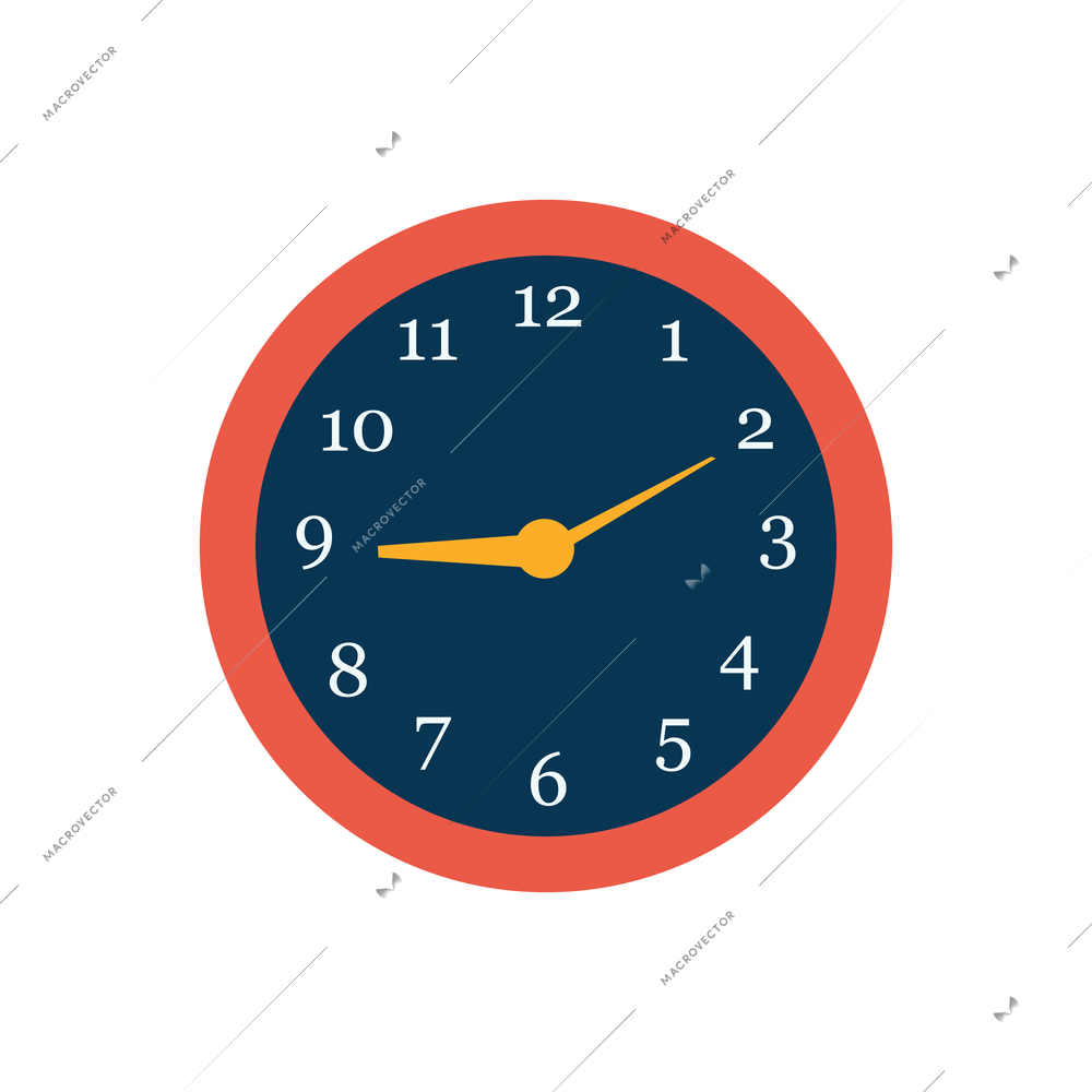 Red and blue wall clock with yellow hands flat vector illustration