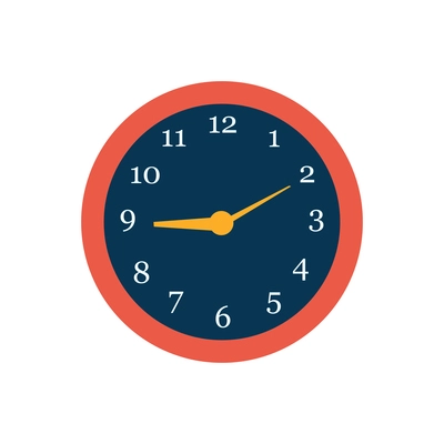 Red and blue wall clock with yellow hands flat vector illustration