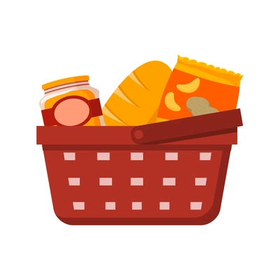 Flat red shopping basket with food products vector illustration
