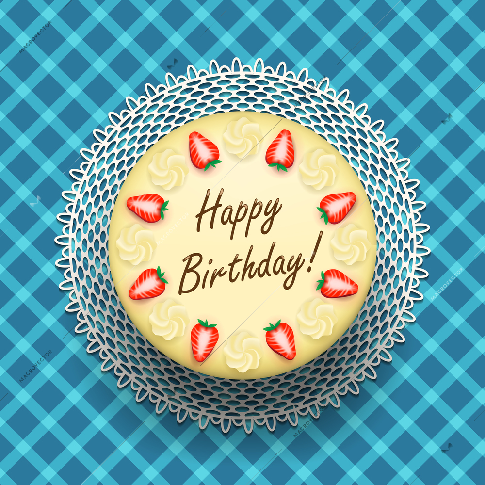 Cheese birthday cake with strawberries on table vector illustration