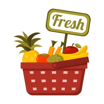 Red shopping basket with fresh fruits and vegetables flat vector illustration