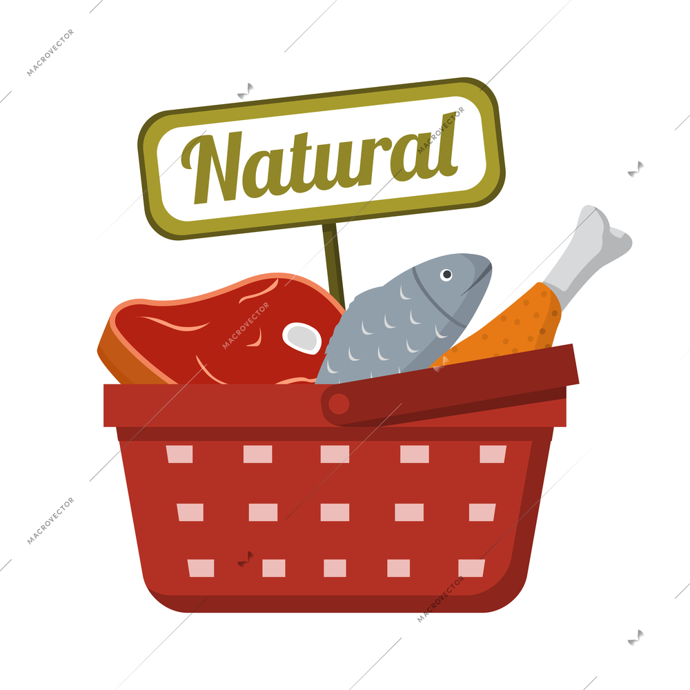 Shopping basket with natural fish and meat products flat vector illustration