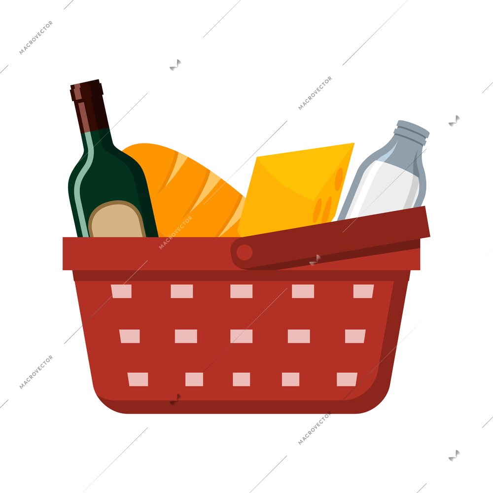 Supermarket shopping basket with grocery products flat vector illustration