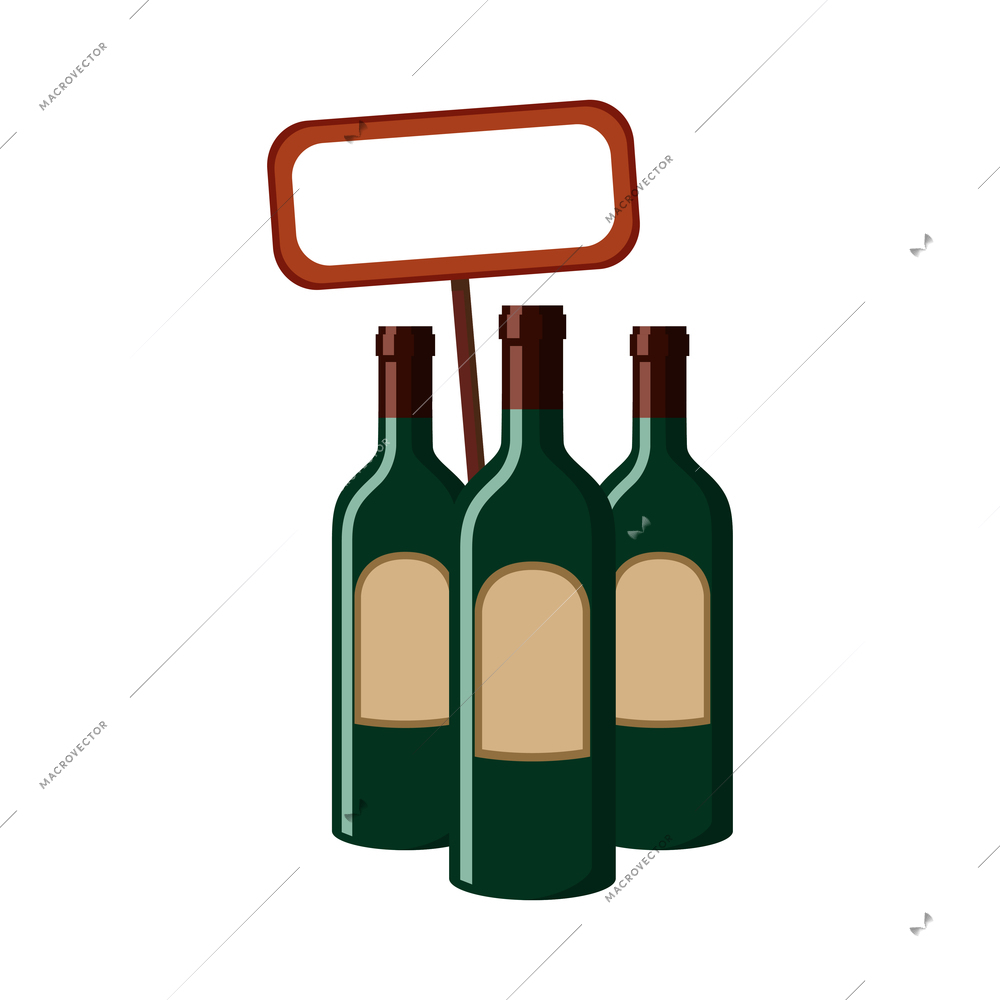 Three green bottles of wine and blank price tag flat vector illustration