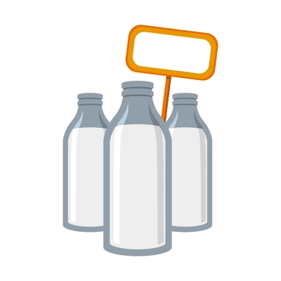 Three glass bottles of milk with blank price tag in supermarket flat vector illustration