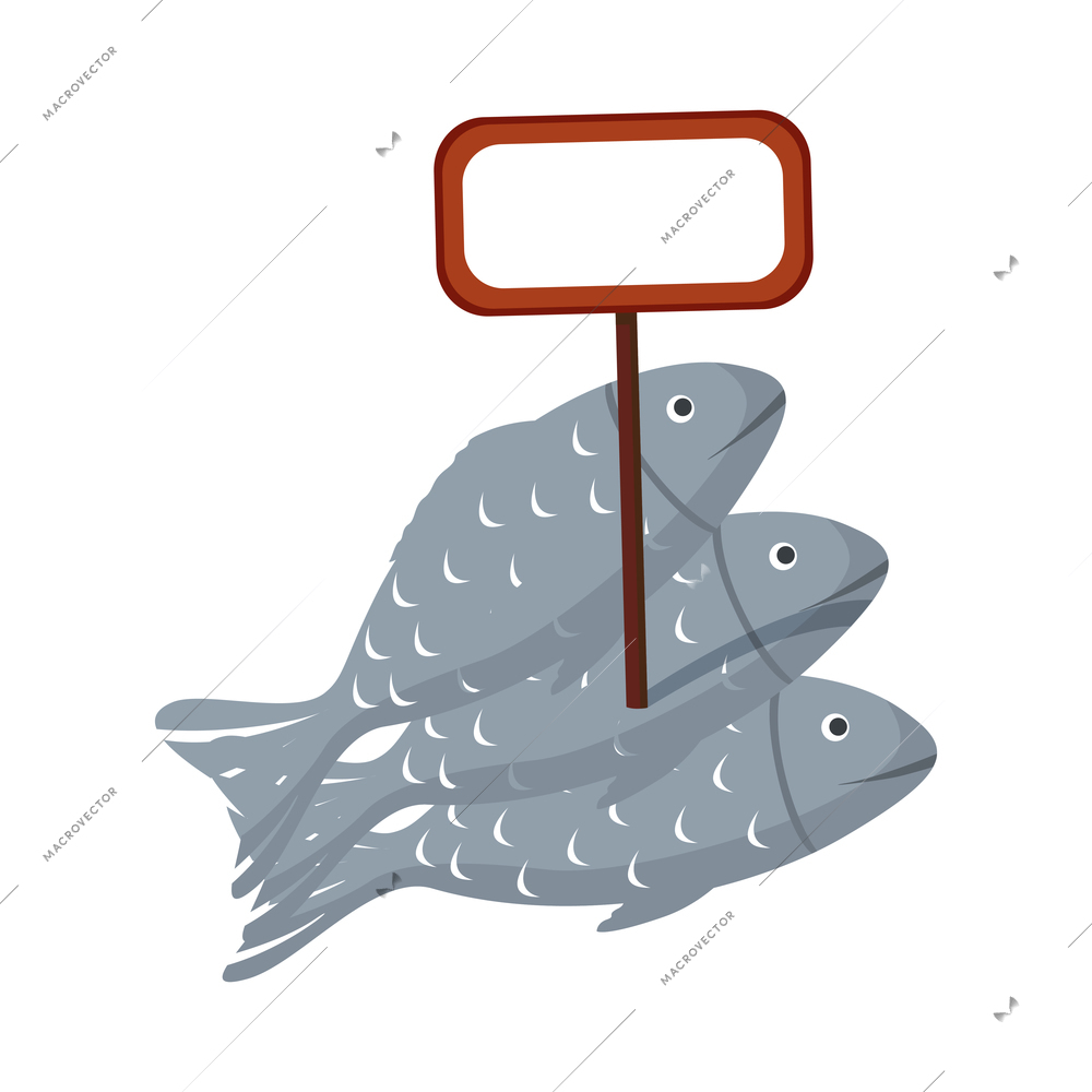 Supermarket item icon with three fresh fish and blank price tag flat vector illustration