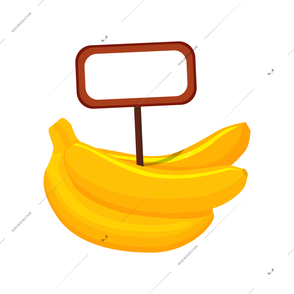 Supermarket item icon with bunch of ripe bananas and blank price tag flat vector illustration