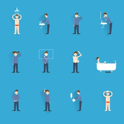 Hygiene icons flat set with people figures washing body cleaning isolated vector illustration