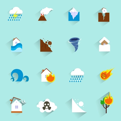Natural disaster catastrophe and crisis icons flat set isolated vector illustration