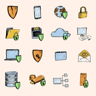 Computer data protection and secure information exchange sketch icons colored set isolated vector illustration