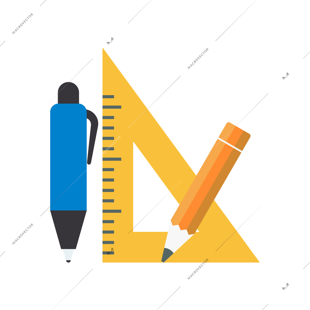 Office or school stationery flat icon with triangular ruler pencil and pen vector illustration