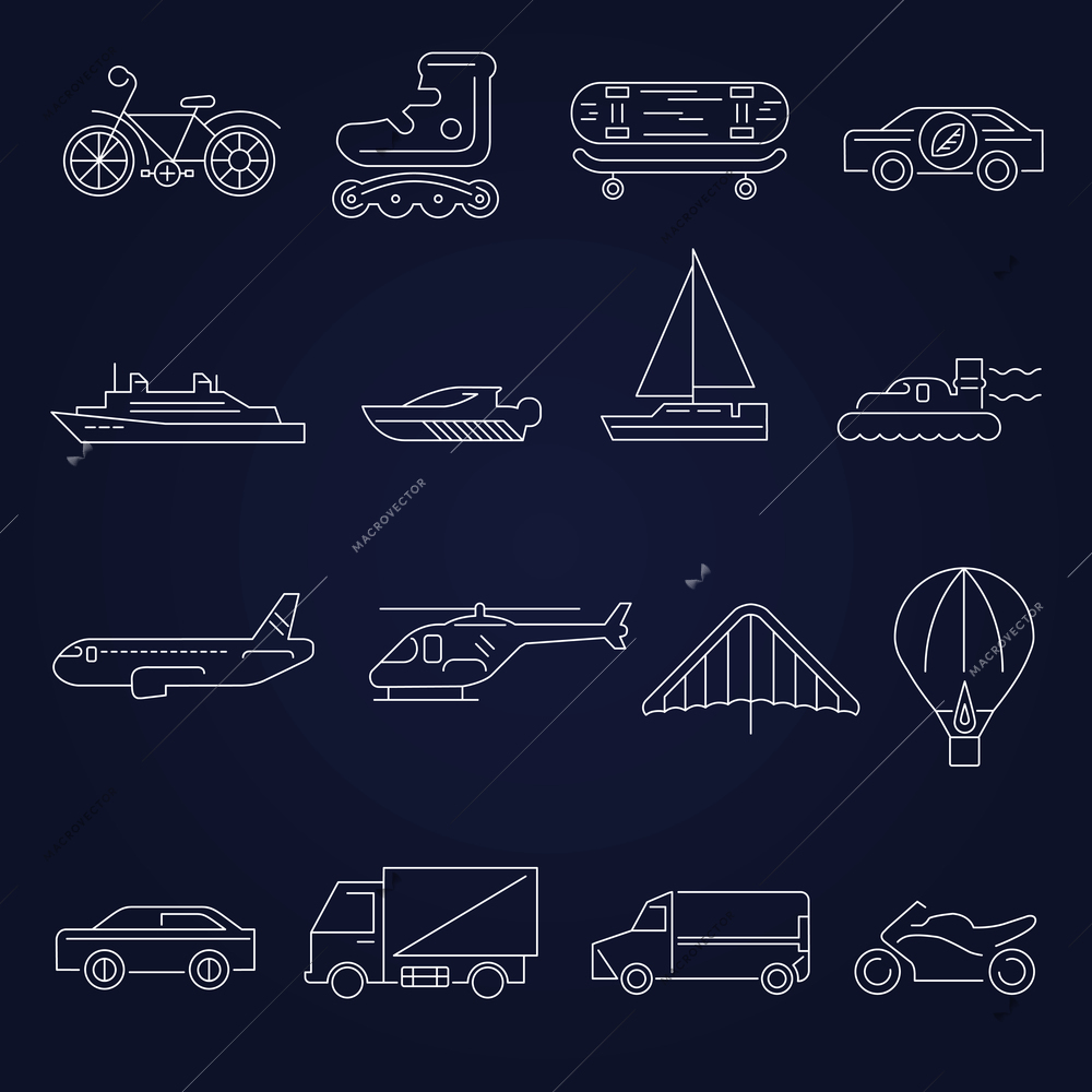 Transport outline icons set with scooter airplane yacht isolated vector illustration