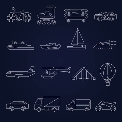 Transport outline icons set with scooter airplane yacht isolated vector illustration