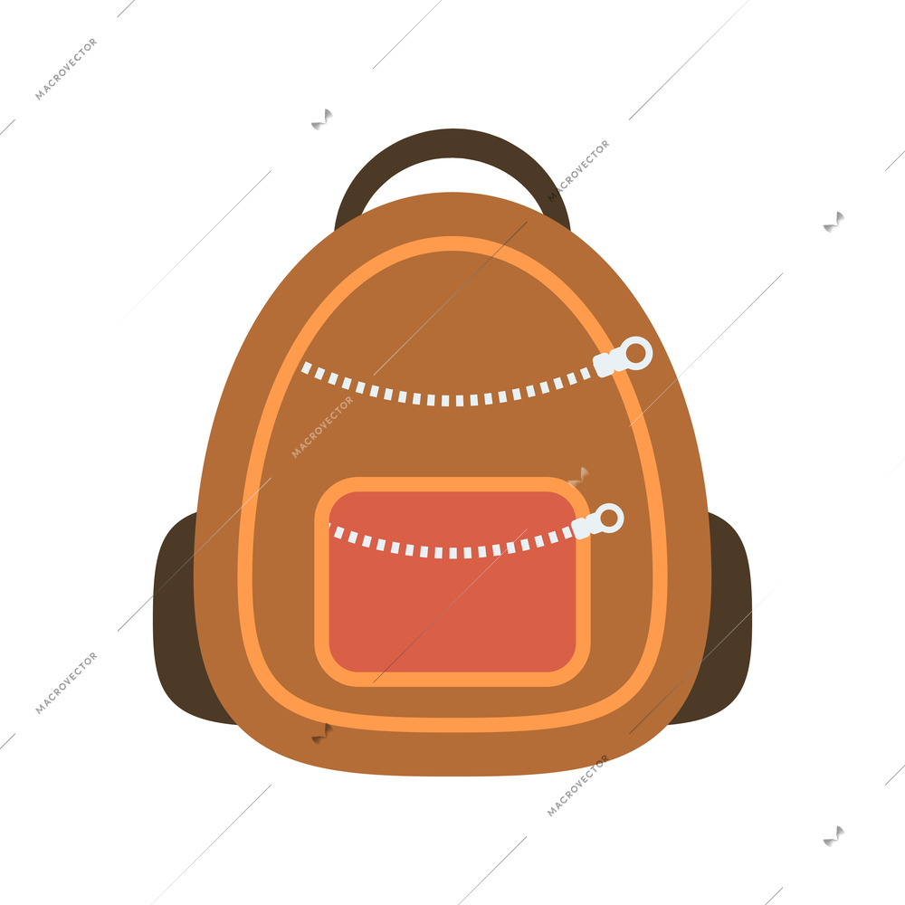 Brown backpack with two zips for travel or school flat icon vector illustration