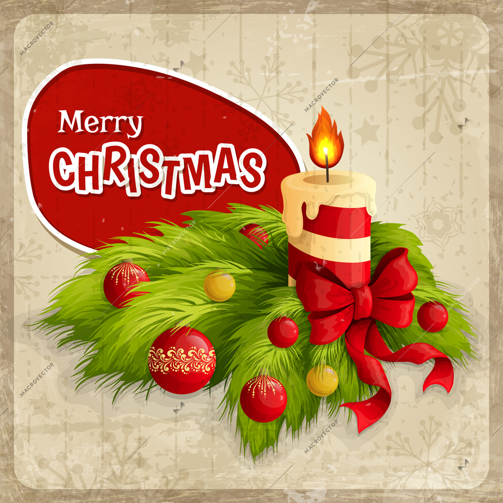 Merry christmas holiday retro poster with burning candle and traditional decoration vector illustration