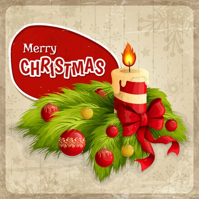 Merry christmas holiday retro poster with burning candle and traditional decoration vector illustration
