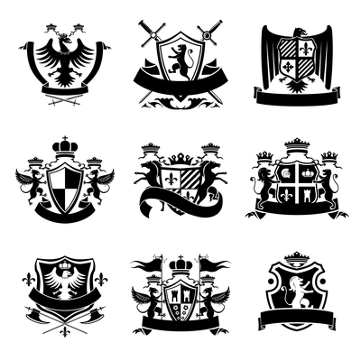 Heraldic coat of arms decorative emblems black set with royal crowns and animals isolated vector illustration.