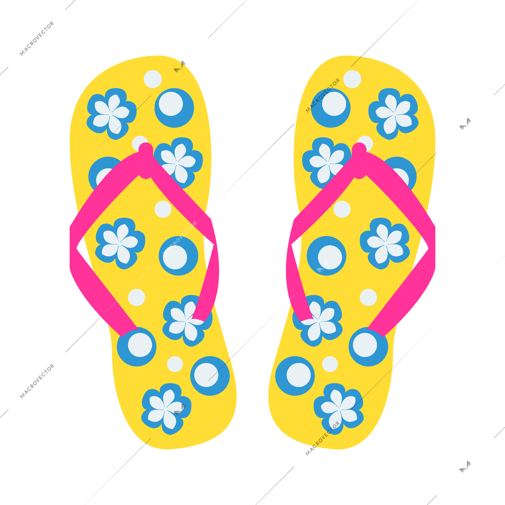 Flat icon with bright color pair of flip flops with flowers isolated vector illustration