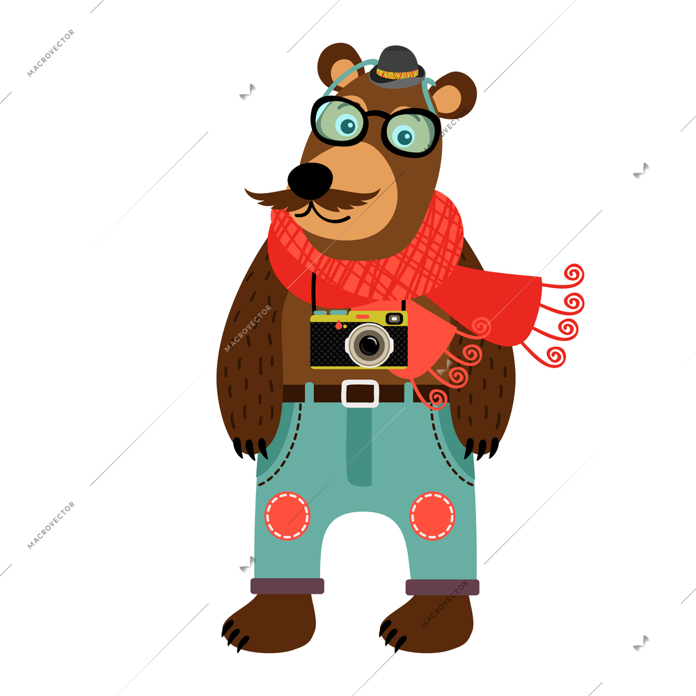 Cartoon hipster character of geek teddy bear with camera wearing glasses hat scarf vector illustration