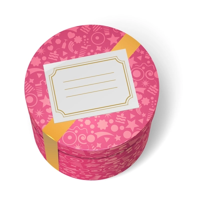 Pink decorated birthday gifts box with yellow ribbon and blank greeting label isolated vector illustration