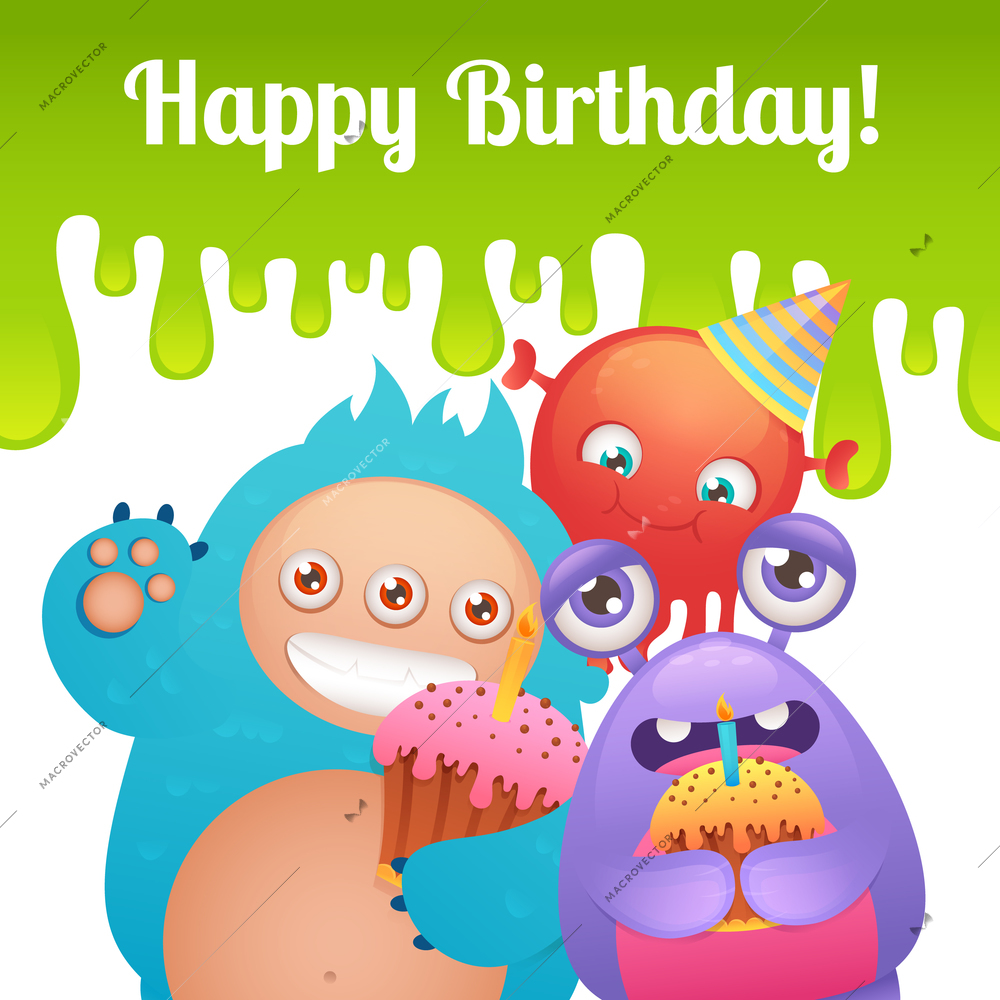 Cute cartoon monster party funny alien characters with cakes happy birthday card template vector illustration