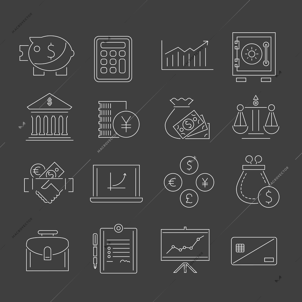 Finance outline icons set with piggy bank graph briefcase isolated vector illustration