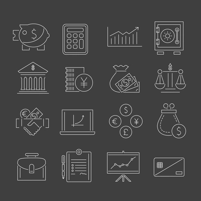 Finance outline icons set with piggy bank graph briefcase isolated vector illustration