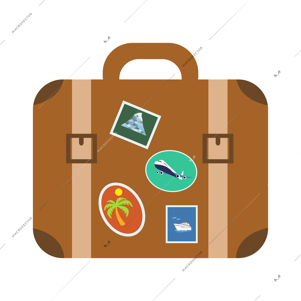 Vintage leather brown travel bag with stickers flat vector illustration