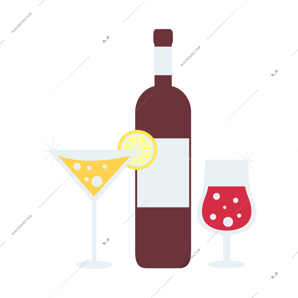 Flat icon with bottle and glass of wine and cocktail with lemon slice vector illustration