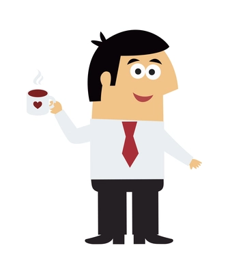 Flat male character of smiling manager holding cup of coffee vector illustration
