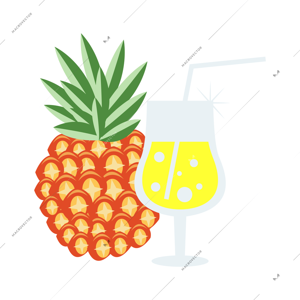 Fresh pineapple and cocktail glass with straw flat icon vector illustration