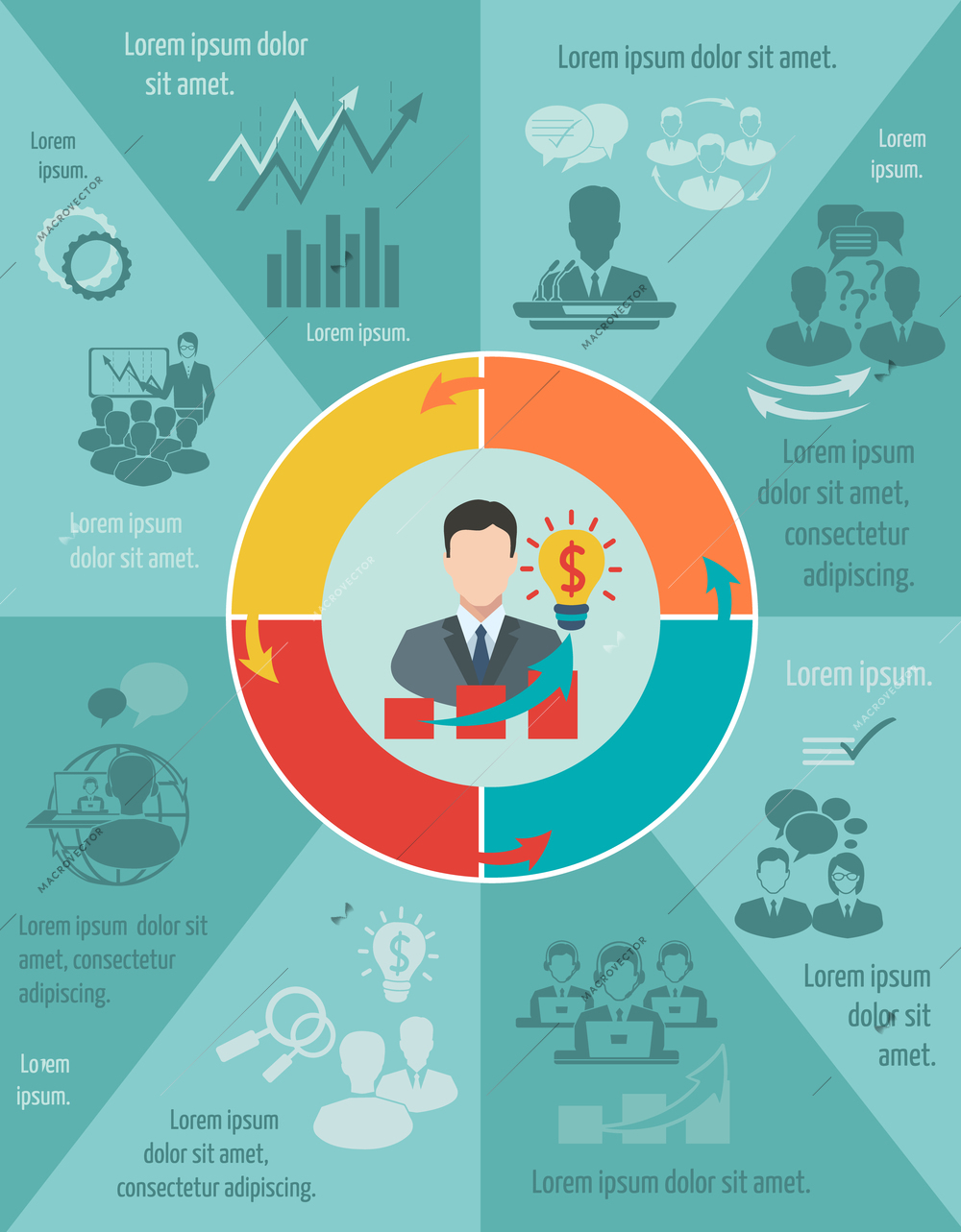 Business meeting infographic set with pie chart and businessman avatar vector illustration