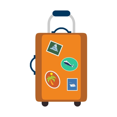 Wheeled suitcase with travel stickers flat icon vector illustration
