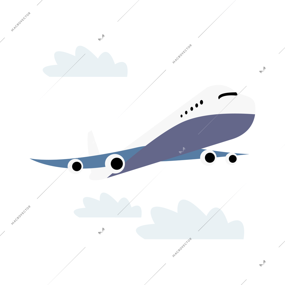 Flying airliner in sky with clouds flat vector illustration