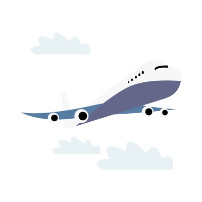 Flying airliner in sky with clouds flat vector illustration