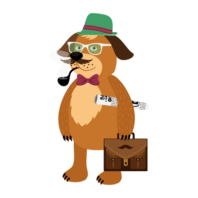 Nerd hipster dog with newspaper briefcase and pipe cartoon vector illustration