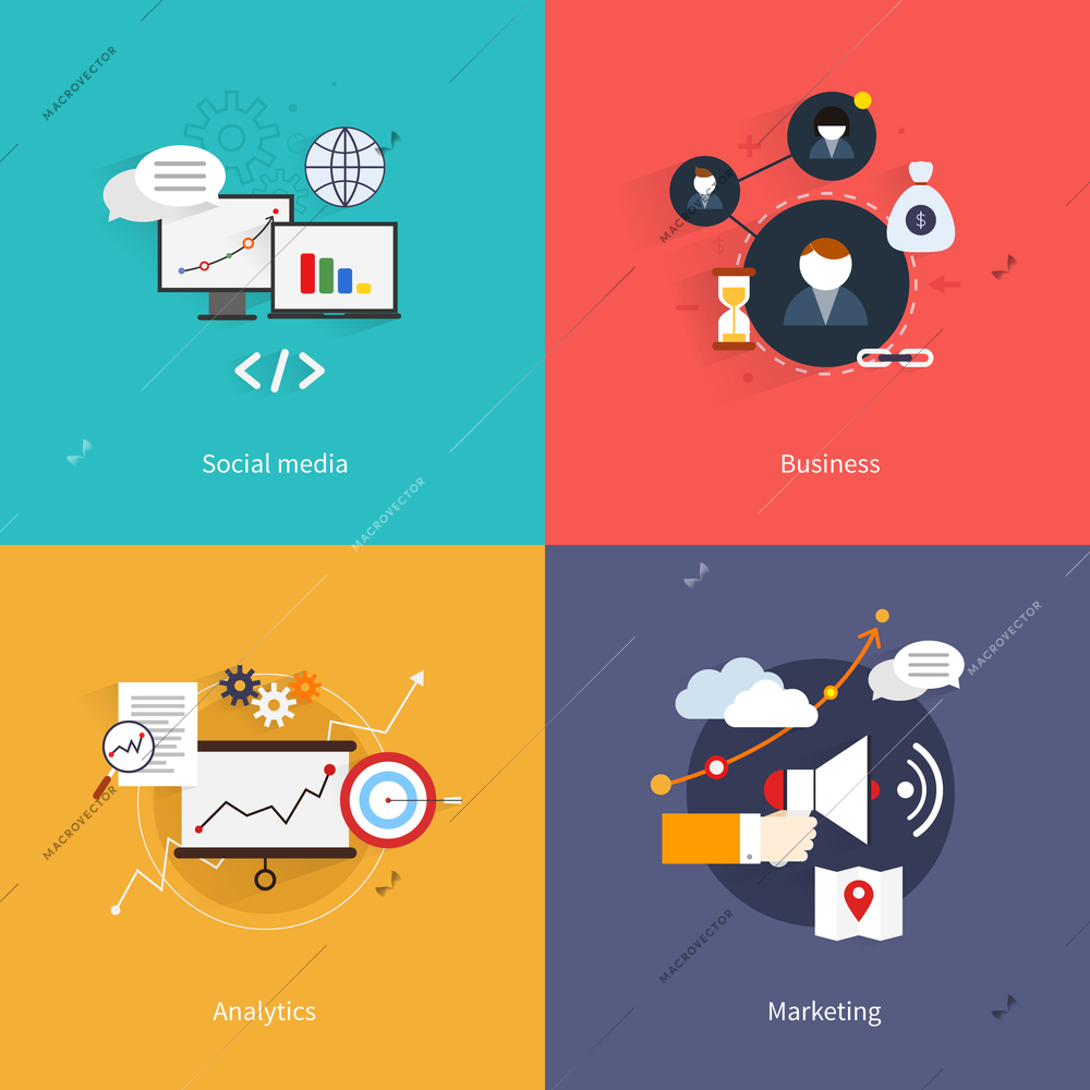 SEO marketing flat icons set with social media business analytics isolated vector illustration