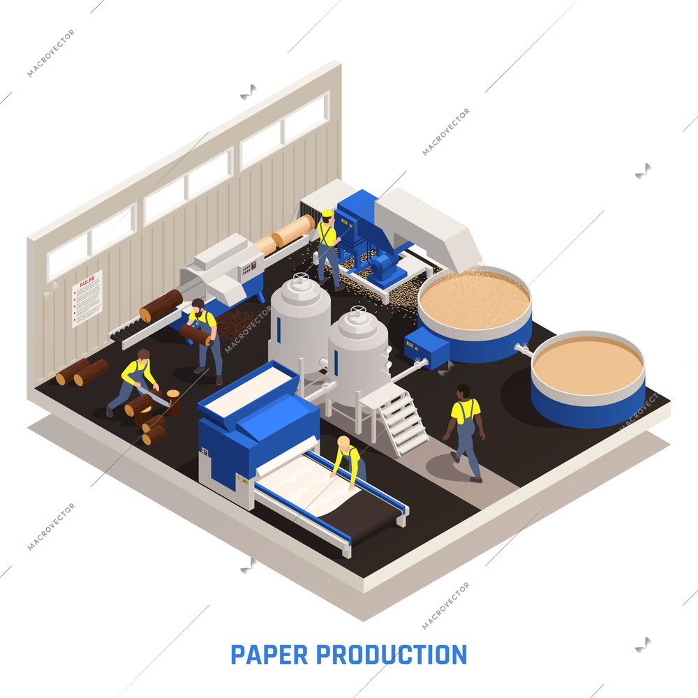 Paper production isometric and colored concept with cut tree preparation and digesting vector illustration