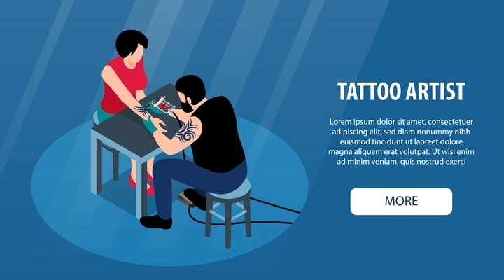 Tattoo artist horizontal banner with man making tattoo on arm of young woman isometric vector illustration