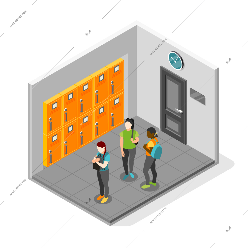 Loneliness isometric recolor vector illustration with sad girl turned away from her friends in school interior