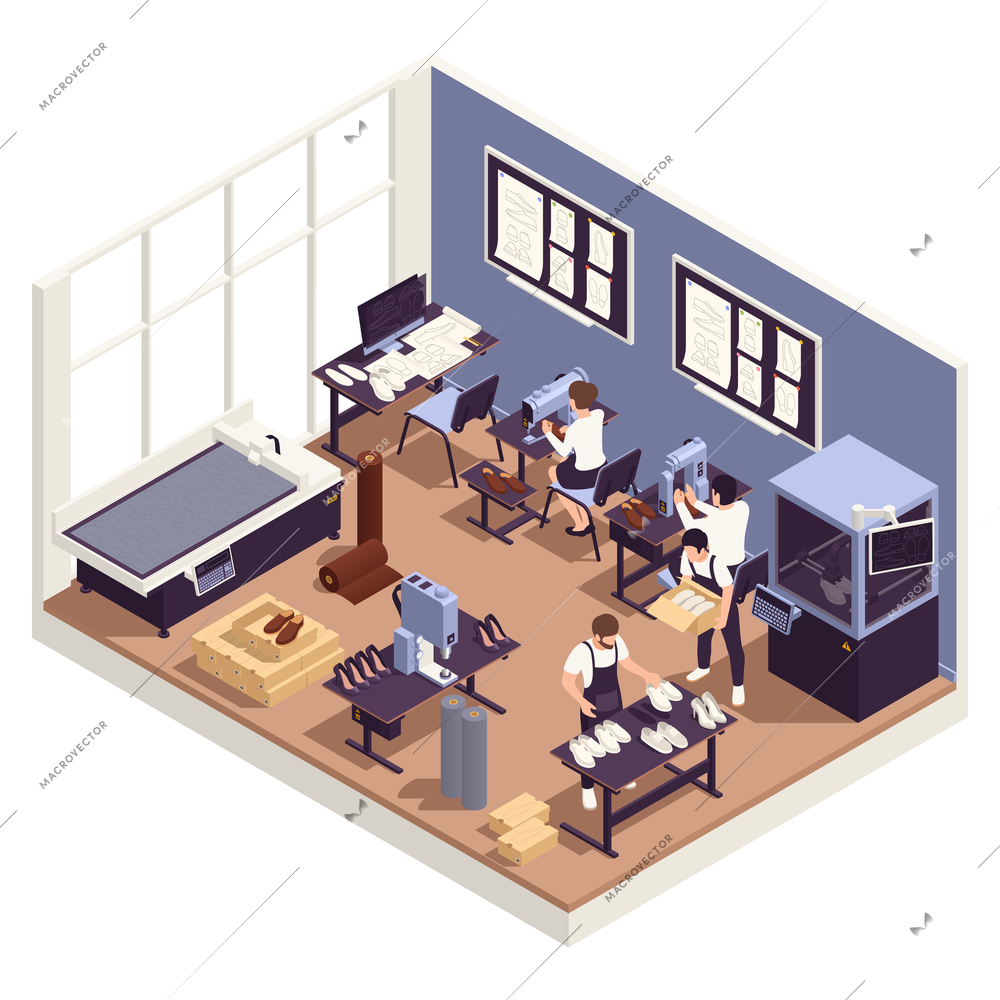 Shoes production concept with footwear manufacturing symbols isometric vector illustration