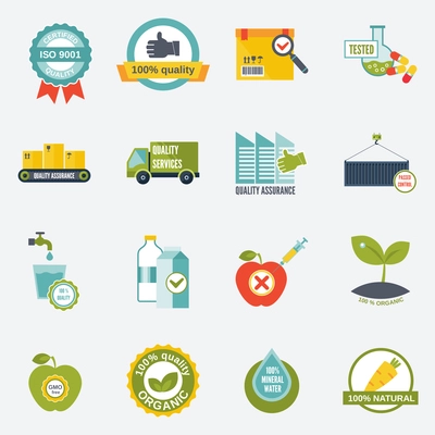 Quality control certified quality test services icons flat set isolated vector illustration